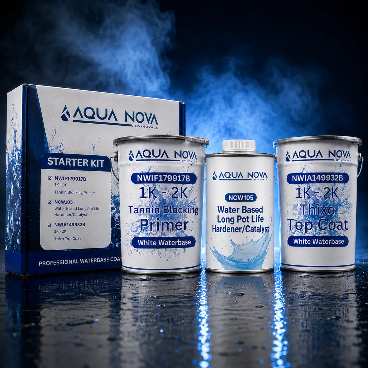 The Novalk kit box with the tannin-blocking primer, long-pot-life hardener, and white thixo topcoat